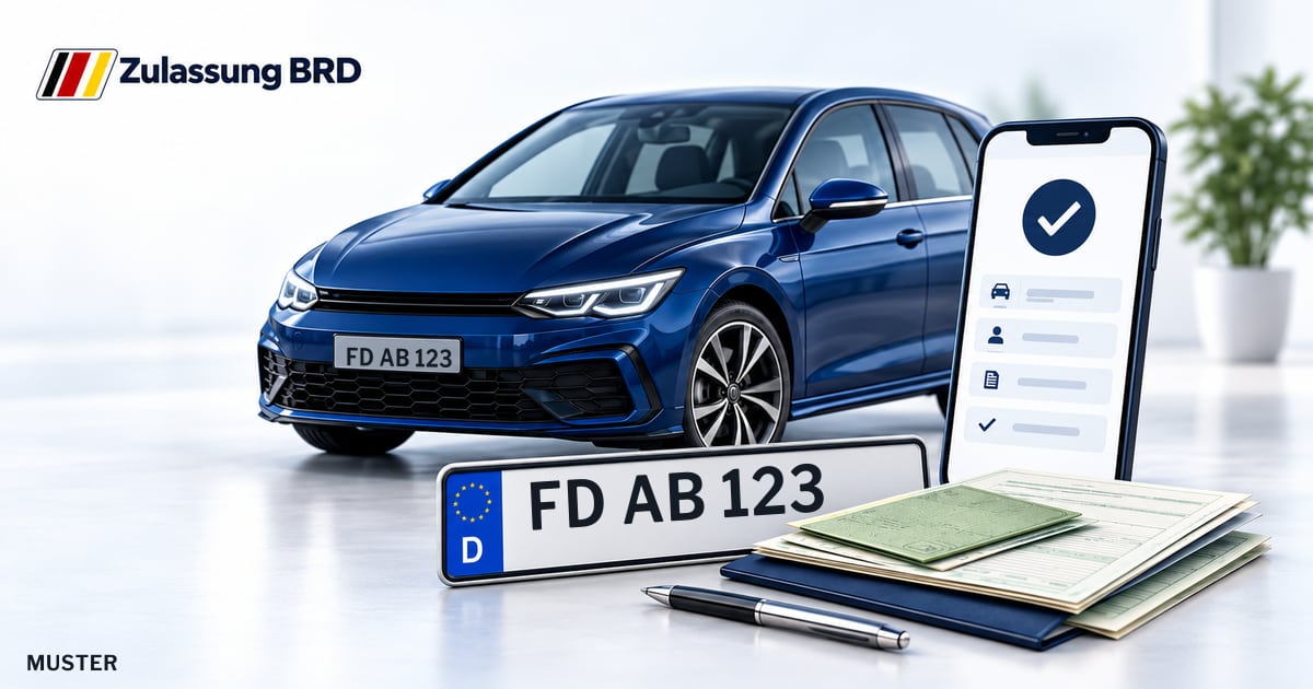 Online Fahrzeugzulassung in Künzell: Musterkennzeichen FD AB 123, Auto und Fahrzeugpapiere und Smartphone. Illustration mit Logo von Zulassung BRD.